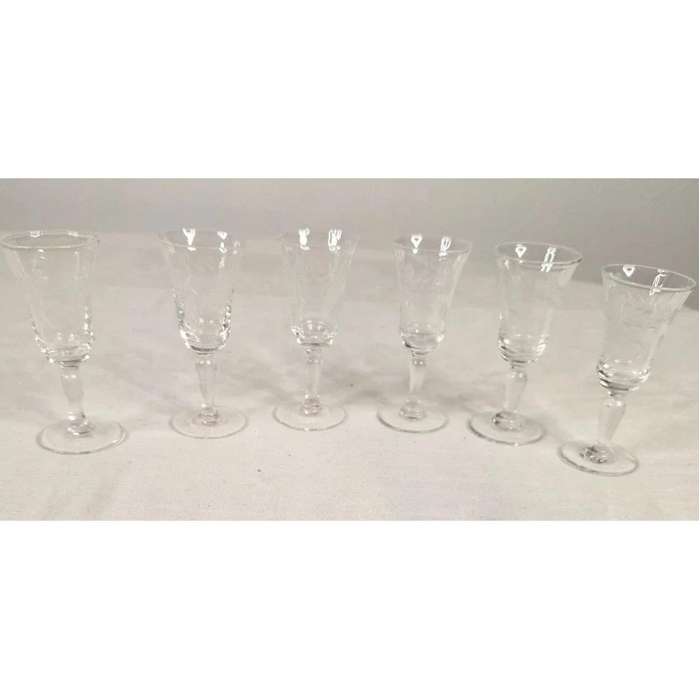 Vtg. Etched Crystal Cordial Glasses Set of 6 Floral Leaf Stemware 3.75 Inch 1 oz